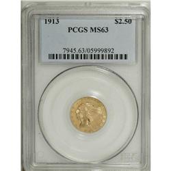 1913 $2 1/2 MS63 PCGS. A satiny and subtly lustrous ye 