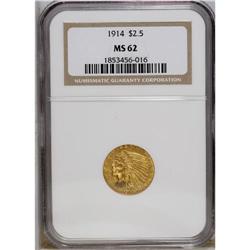1914 $2 1/2 MS62 NGC. Lustrous with lightly abraded ye 
