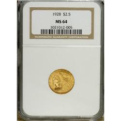 1928 $2 1/2 MS64 NGC. Apricot-gold patination is laced 