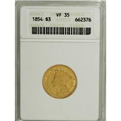 1854 $3 VF35 ANACS. Light to moderate wear appears on 