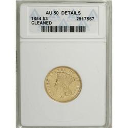 1854 $3 --Cleaned--ANACS. AU50 Details. A gently cleane 