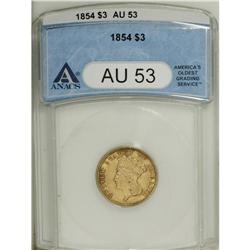1854 $3 AU53 ANACS. Apricot-gold patina displays reddi 