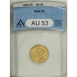 1854 $3 AU53 ANACS. This amber-gold representative has 