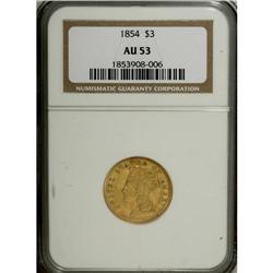 1854 $3 AU53 NGC. Well struck with minor highpoint wea 