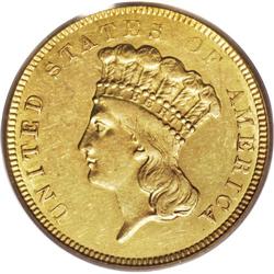 1854-O $3 AU55 PCGS. In this first year of production 