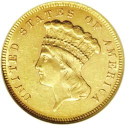1867 $3 MS62 NGC. Bright yellow-gold surfaces exhibit 