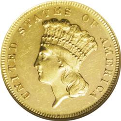 1870 $3 MS62 Prooflike NGC. The peach-gold surfaces ar 