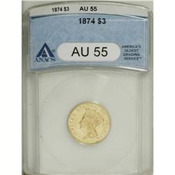 1874 $3 AU55 ANACS. A pleasing honey-gold piece with m 