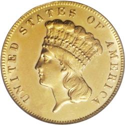 1874 $3 AU58 PCGS. Rich orange-gold patination adorns 