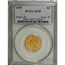 1878 $3 AU58 PCGS. Ample luster resides on apricot-gol 