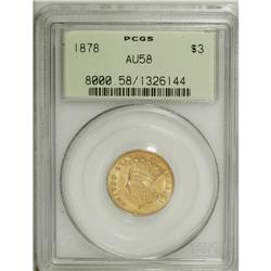 1878 $3 AU58 PCGS. A shimmering orange-gold that has o 