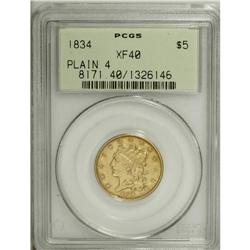 1834 $5 Plain 4 XF40 PCGS. First Head, Breen-6501, McC 