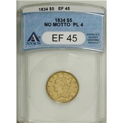 1834 $5 Plain 4 XF45 ANACS. First Head, Breen-6501, Mc 