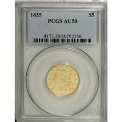 1835 $5 AU50 PCGS. First Head, Breen-6504, McCloskey 1 