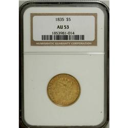 1835 $5 AU53 NGC. Breen-6504, First Head, McCloskey 1- 