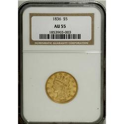 1836 $5 AU55 NGC. Second Head, Large Date, Breen-6509, 