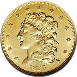 1836 $5 AU58 NGC. Breen-6509, Second Head, Large Date, 