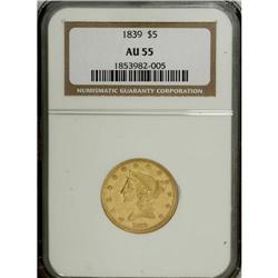 1839 $5 AU55 NGC. This Choice AU half eagle displays b 