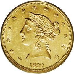 1839 $5 AU58 PCGS. Bright yellow-gold surfaces display 