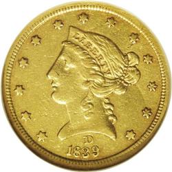 1839-D $5 XF40 NGC. Variety 2-A. On this variety, the 