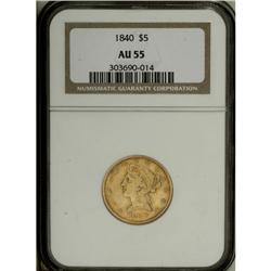 1840 $5 Narrow Mill AU55 NGC. A lightly circulated pea 