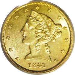 1841 $5 MS62 PCGS. This exactingly struck No Motto hal 