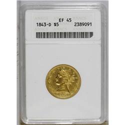 1843-D $5 Medium D XF45 ANACS. Variety 10-H. This Dahl 