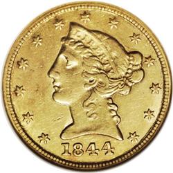 1844-C $5 --Cleaned--ANACS. AU50 Details. Variety 7-D. 