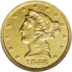 1846-C $5 AU55 NGC. Variety 8-E. The only dies for thi 