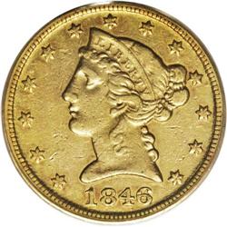 1846-D/D $5 XF40 PCGS. Variety 15-J. According to Garr 