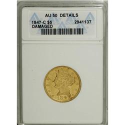 1847-C $5 --Damaged--ANACS. AU50 Details. Variety 9-E. 