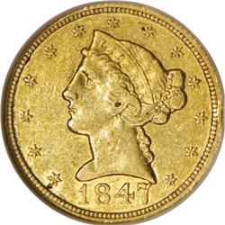 1847-C $5 AU53 NGC. Variety 9-E. Luster is particularl 