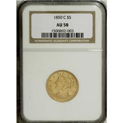 1850-C $5 AU58 NGC. Variety 15-G, State II. The Weak C 