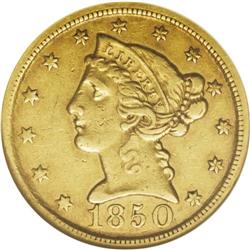 1850-D $5 XF45 NGC. An attractive layer of deep reddis 