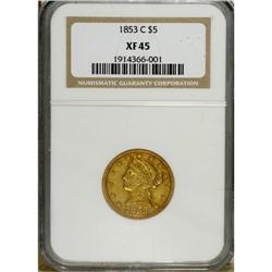 1853-C $5 XF45 NGC. The fields of this orange-gold exa 