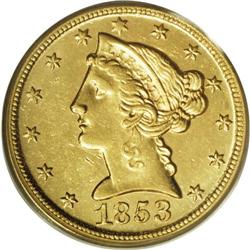 1853-D $5 Large D AU58 PCGS. Variety 29-T. On this re 