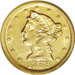 1853-D $5 Large D--Improperly Cleaned--NCS. UNC Detail 