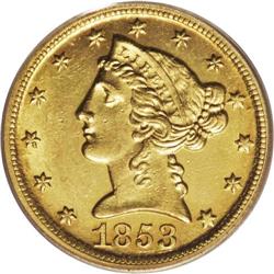 1853-D $5 Large D MS61 PCGS. Variety 29-V. This sharpl 