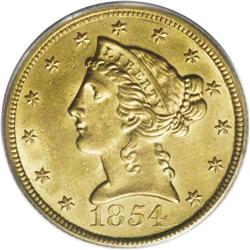 1854 $5 MS62 PCGS. A rarer issue in Mint State than th 