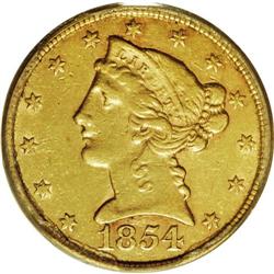 1854-C $5 XF45 PCGS. Variety 22-I, Bold Mintmark. This 