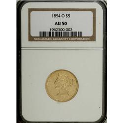 1854-O $5 AU50 NGC. This bright, brassy-gold New Orlea 