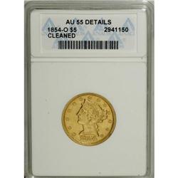 1854-O $5 --Cleaned--ANACS. AU55 Details. Bright from a 