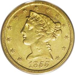1855-D $5 Medium D AU55 PCGS. Variety 32-W. The 1855-D 