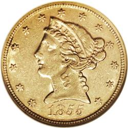 1855-S $5 AU53 NGC. Well struck with substantial luste 