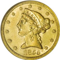 1855-S $5 AU55 NGC. This is the first collectible half 