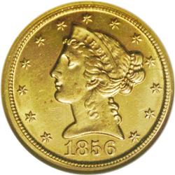 1856-D $5 MS61 NGC. Variety 33-BB. Deep olive-rose ton 