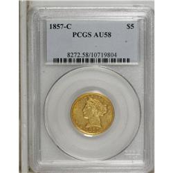 1857-C $5 AU58 PCGS. The cloudy surfaces of this near- 
