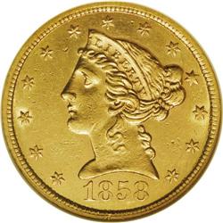 1858-S $5 AU58 NGC. Although the mintage of 18,600 coi 