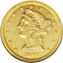 1860-D $5 Medium D AU53 NGC. Variety 38-FF. A surprisi 