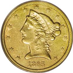 1865-S $5 XF45 PCGS. A lightly circulated example with 